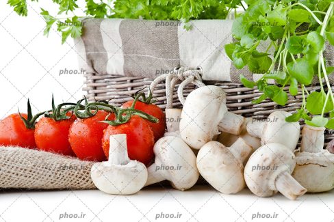 عکس قارچ در کنار گوجه فرنگی و سبزی های داخل سبد در پس زمینه سفید