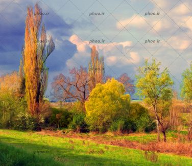 عکس نقاشی طبیعت و مزرعه و درختان زیبا