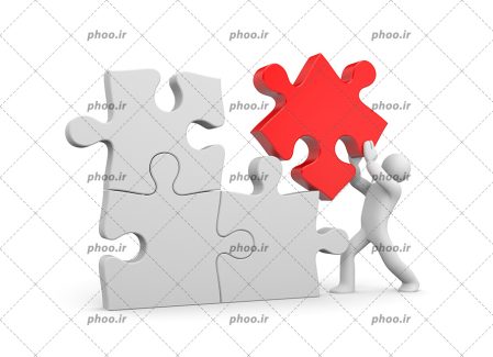 عکس با کیفیت آدمک در حال گذاشتن تکه پازل قرمز در کنار پازل های دیگر