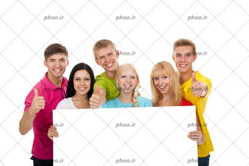 عکس با کیفیت تابلوی سفید در دست زن ها و مرد ها در حال نشان دادن علامت لایک
