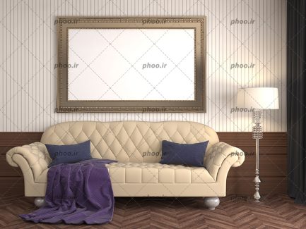 عکس مبل کرم رنگ و کوسن و پتو بنفش روی آن در کنار آباژور و تابلو سفید در اتاق پذیرایی