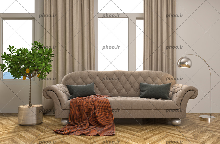 عکس مبل چند نفره قهوه ای در کنار آباژور و درختچه جلوی پنجره در اتاق نشیمن