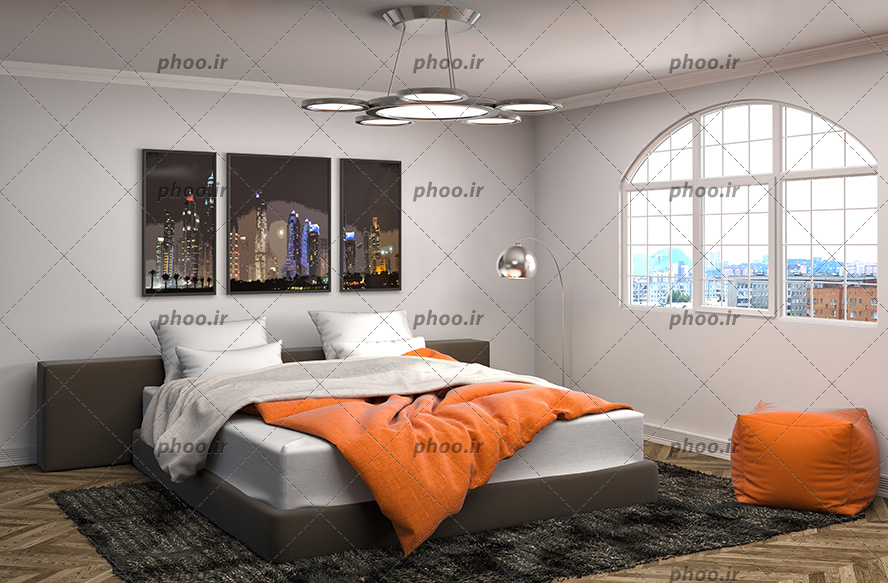 عکس اتاق خواب مدرن با تخت خواب و تابلو روی دیوار و لوستر و پنجره