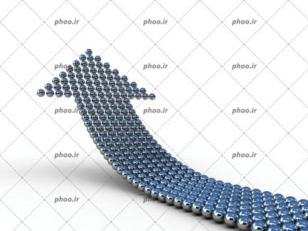 عکس با کیفیت گوی های فلزی نقره ای چیده شده در کنار هم به شکل فلش به سمت بالا