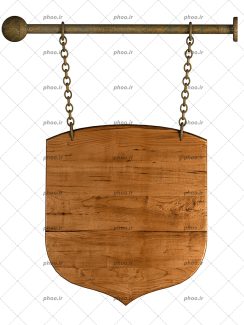 عکس با کیفیت تابلوی چوبی ساده آویزان با زنجیر در پس زمینه سفید