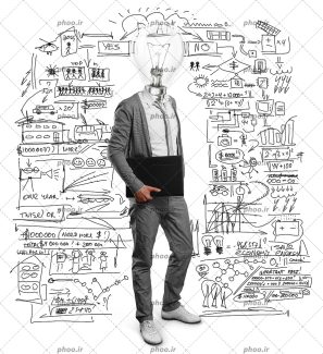 عکس با کیفیت مرد با لباس رسمی با سری به شکل لامپ