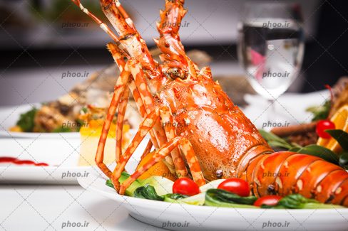 عکس خرچنگ با تزئین سبزیجات اطراف آن روی بشقاب سفید