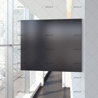 عکس تابلو تبلیغاتی سیاه در یک راهرو با پنجره های شیشه ای بزرگ