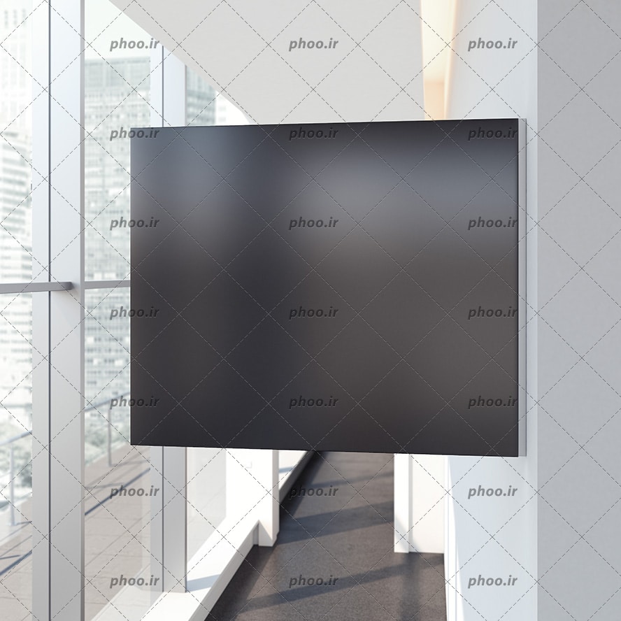 عکس تابلو تبلیغاتی سیاه در یک راهرو با پنجره های شیشه ای بزرگ