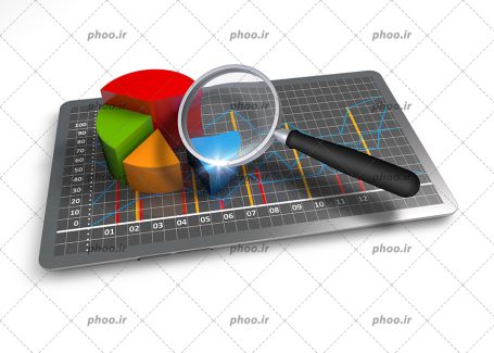 عکس با کیفیت ذربین در مقابل نمودار دایره ای روی صفحه نمایش