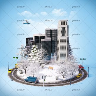 عکس زیبا ساختمان های مدرن وشیک با اسمان ابی و برف روی زمین باریده با خیابان از ماشین