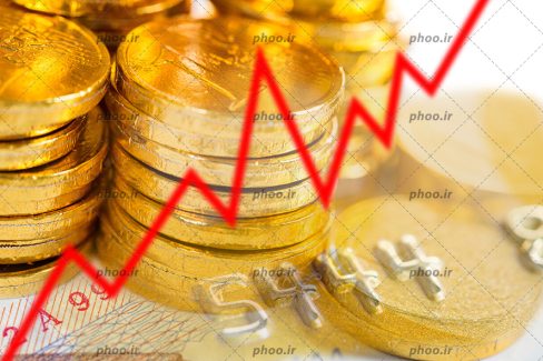 عکس سکه ها روی هم و شکل گرافیکی قرمز آمار