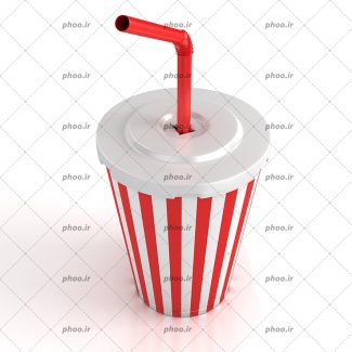 عکس با کیفیت لیوان کاغذی سفید قرمز با نی قرمز در آن در پس زمینه سفید