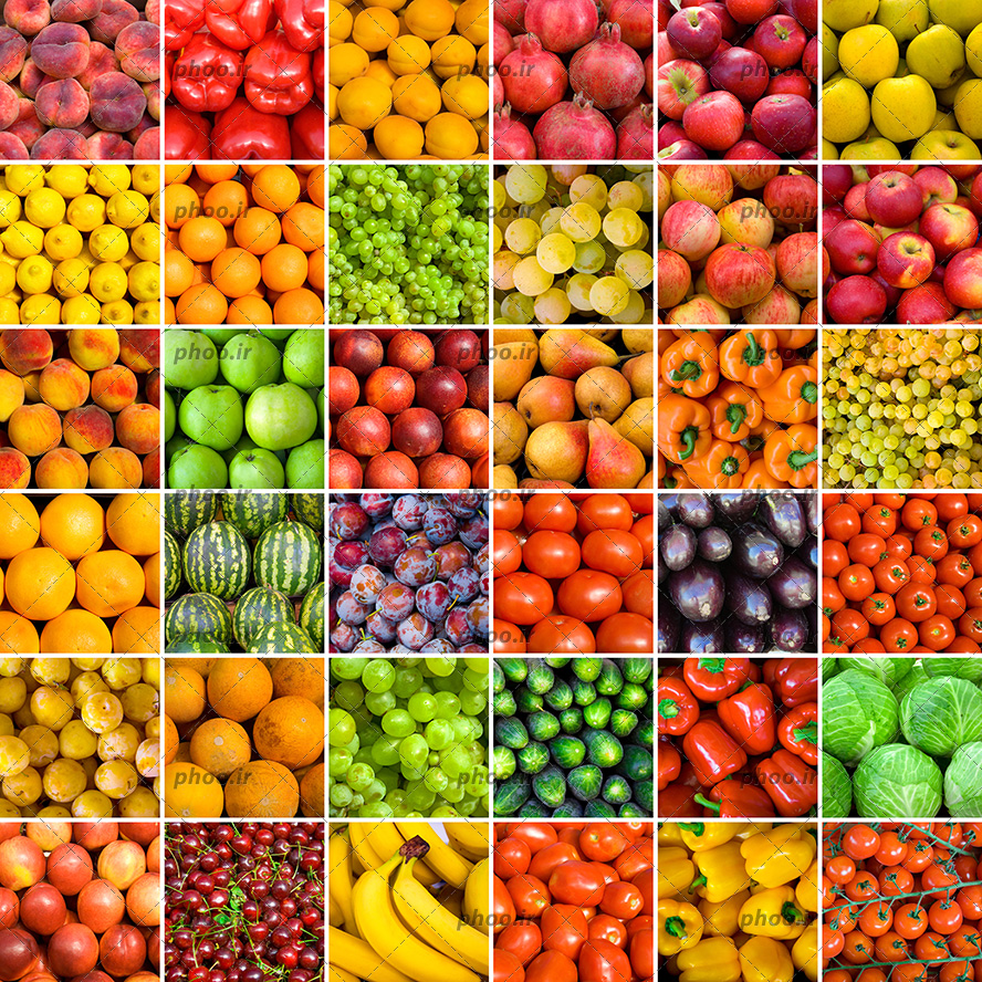 عکس مجموعه ای از میوه ها و سبزیجات رنگارنگ مختلف