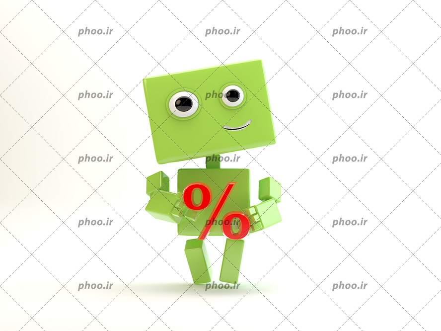 عکس با کیفیت علامت درصد در دست یک ربات سبز رنگ