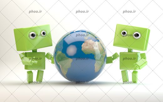 عکس با کیفیت کره زمین وسط دو ربات سبز در پس زمینه سفید