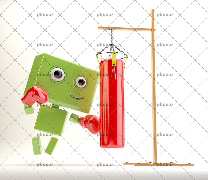 عکس با کیفیت ربات سبز با دستکش بوکس در حال مشت زدن به کیسه بوکس
