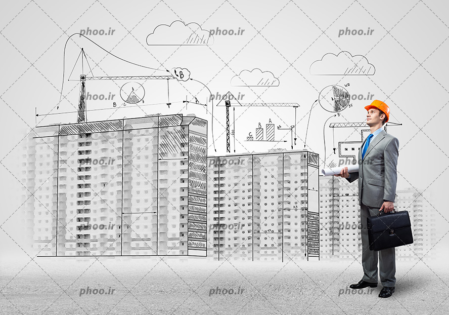 عکس مهندس ناظر با کت شلوار و کیف در کنار ساختمان های طراحی شده