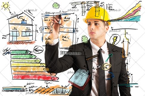 عکس یک مهندس جوان در حال طراحی و محاسبه اندازه ها
