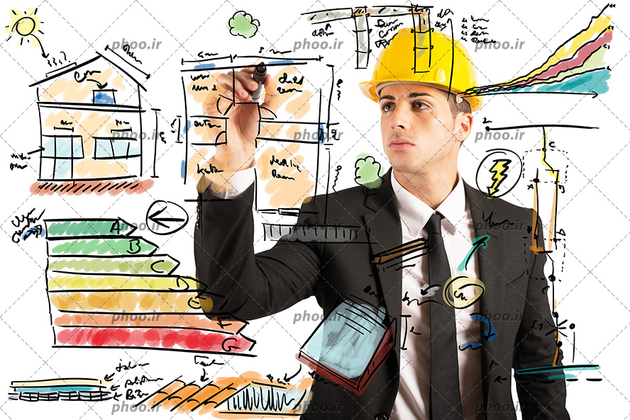عکس یک مهندس جوان در حال طراحی و محاسبه اندازه ها