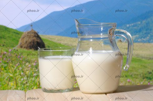 عکس پارچ و لیوان شیر در پس زمینه طبیعت