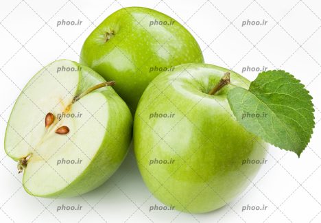 عکس زیبا سیب سبز خوشمزه با برگ و دانه