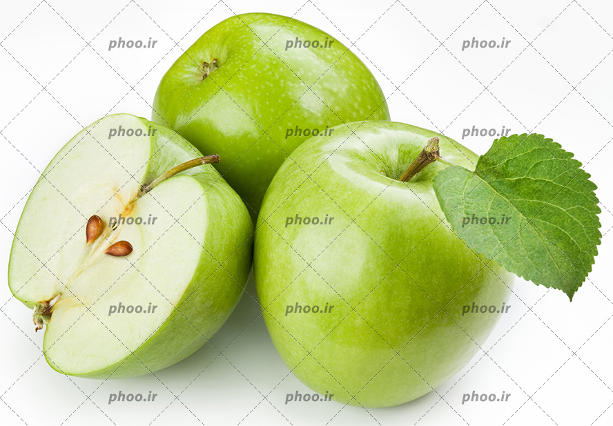 عکس زیبا سیب سبز خوشمزه با برگ و دانه