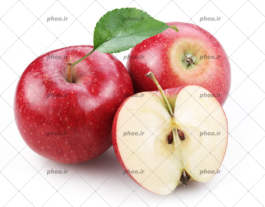 عکس زیبا سیب خوشمزه قرمز با برگ و دانه