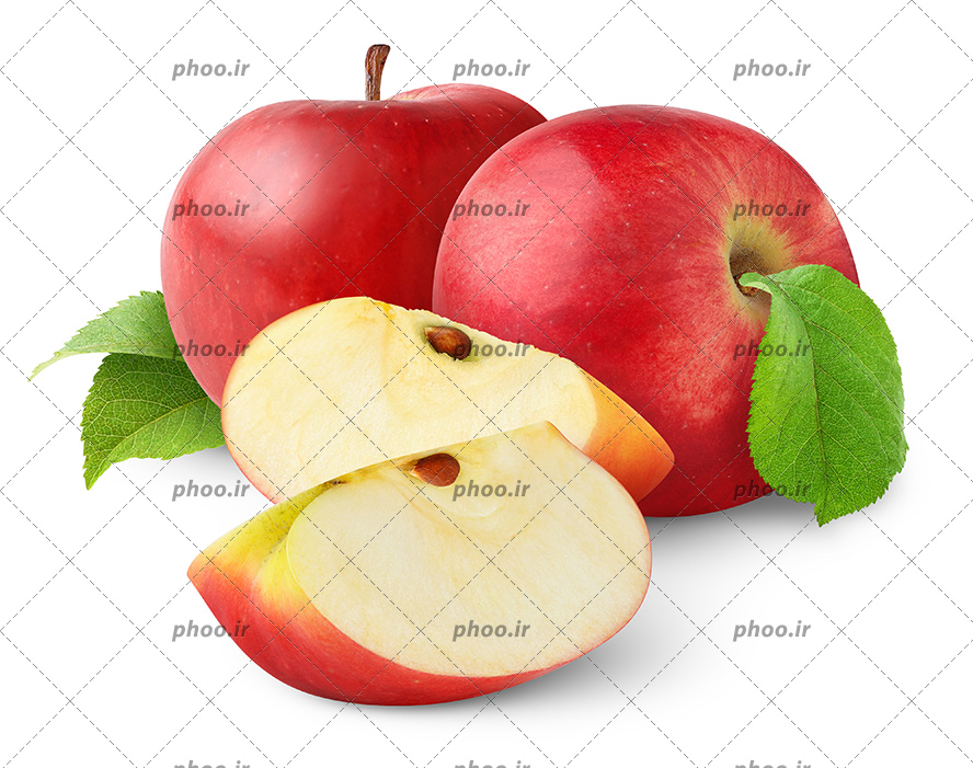 عکس زیبا سیب خوشمزه قرمز با برگ و دانه