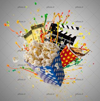 عکس کلاکت و بلیط سینما و پاپکورن و حباب هاب رنگی در پس زمینه خاکستری
