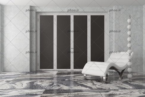 عکس اتاق نشیمن خاکستری لوکس با صندلی راحتی سفید در آن