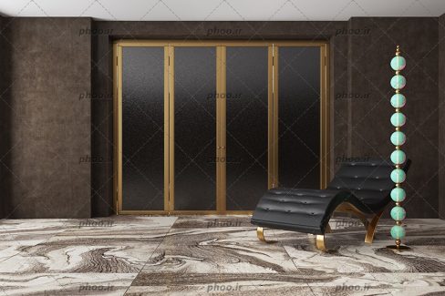 عکس اتاق نشیمن با دیوار های قهوه ای و صندلی راحتی مشکی