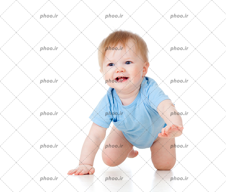 عکس با کیفیت کودک زیبا در حال چهار دست و پا رفتن در پس زمینه سفید